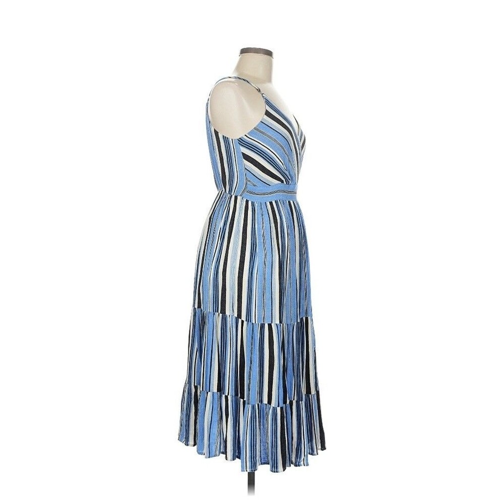 Joy Joy Blue Striped Tiered Sun Dress Boho Cottage Midi Dress Lined Medium - Picture 3 of 7